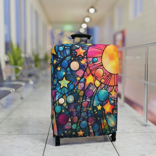 Discover Pink Galaxy Eclipse Luggage Cover, Faux Stained Glass Travel Gift, Unique Colorful Suitcase Protector