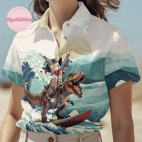 Discover Dinosaur And Cowboy Cat Button Shirt, Dinosaur Hawaiian Shirt
