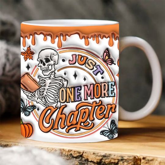 Discover 3D Just One More Chapter Inflated Mug, Reading Skeleton Inflated, Book Lover Puffy Mug