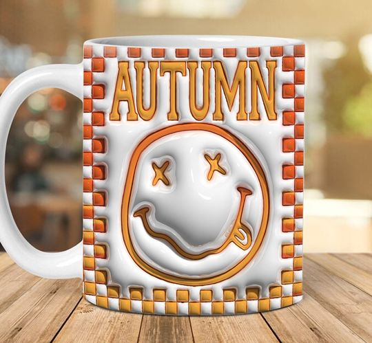 Discover 3D Autumn Checkered Inflated Mug, Western Smiley Face Puffy, Fall Vibes Inflated Mug