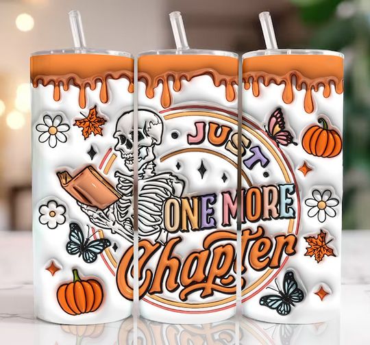 Discover 3D Just One More Chapter Inflated Tumbler, Reading Skeleton, Book Lover Puffy Tumbler