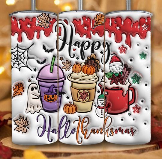 Discover 3D Happy HalloThanksMas Coffee Inflated Tumbler, Halloween, Thanksgiving, Christmas