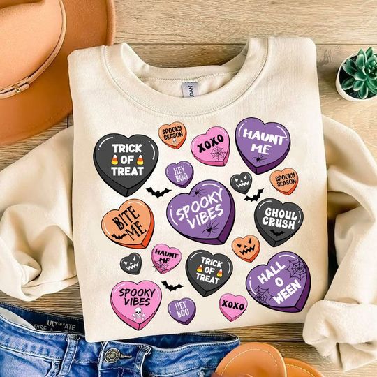 Discover Candy Hearts Halloween Sweatshirt, Halloween Sweatshirt, Spooky Vibes Sweatshirt