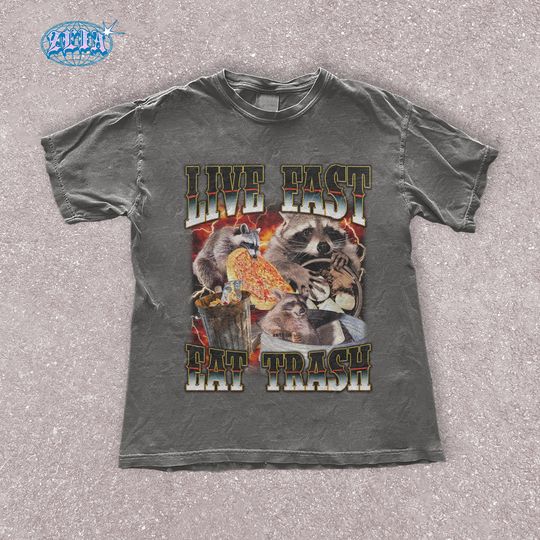 Discover Vintage Live Fast Eat Trash Raccoon T-Shirt - Funny Wildlife Graphic Tee
