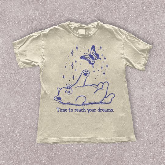 Discover Aesthetic Cat and Butterfly Unisex Graphic Shirt - Time to Reach Your Dreams