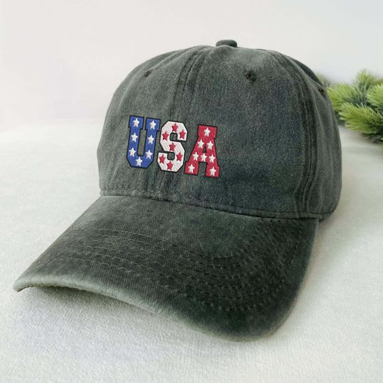 Discover USA Fourth of July Embroidered Hat, Independence Day Cap, Blue White Red America Flag Hat