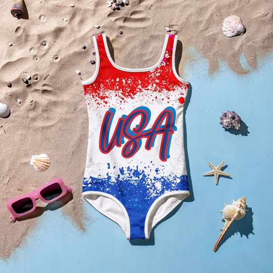 Discover Girls USA red white blue Kids Swimsuit, Patriotic one-piece modest child swimwear