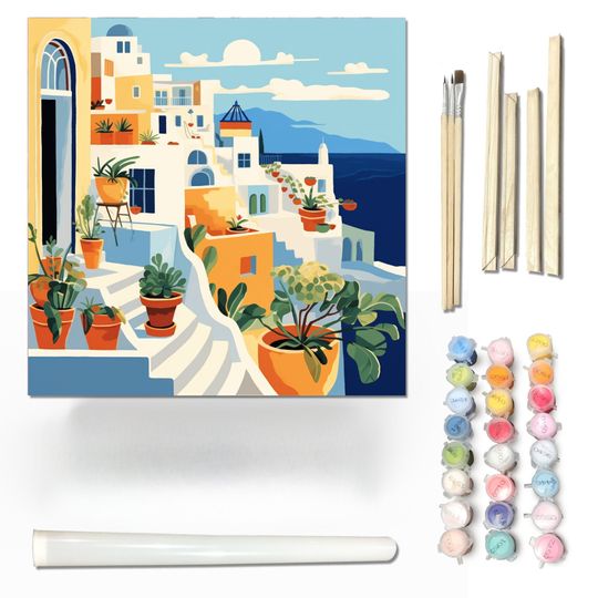 Discover Santorini Greece | Minimalist Paint By Number Kit | Modern Paint By Numbers
