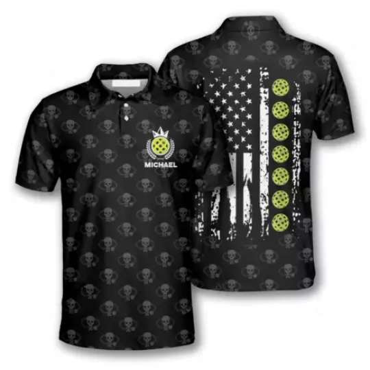 Discover Custom Name Skull Pattern American Flag Pickleball 3D Polo Shirt