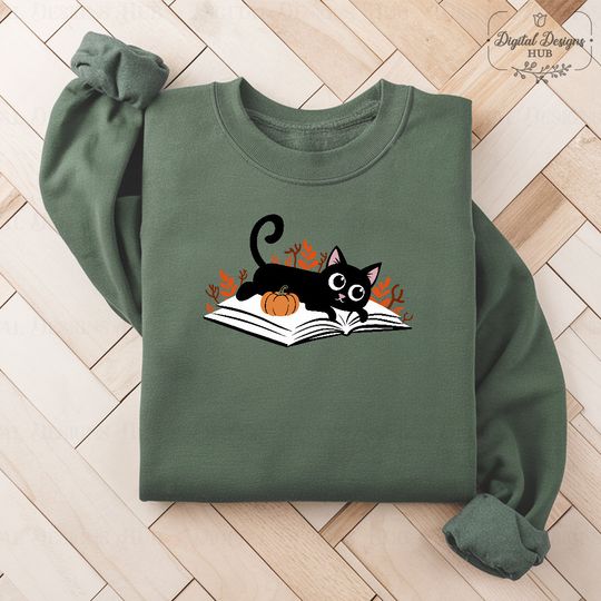 Discover Cute Fall Sweatshirt, Book Cat Fall Sweatshirt, Cats And Books Autumn Sweater, Cat Lover