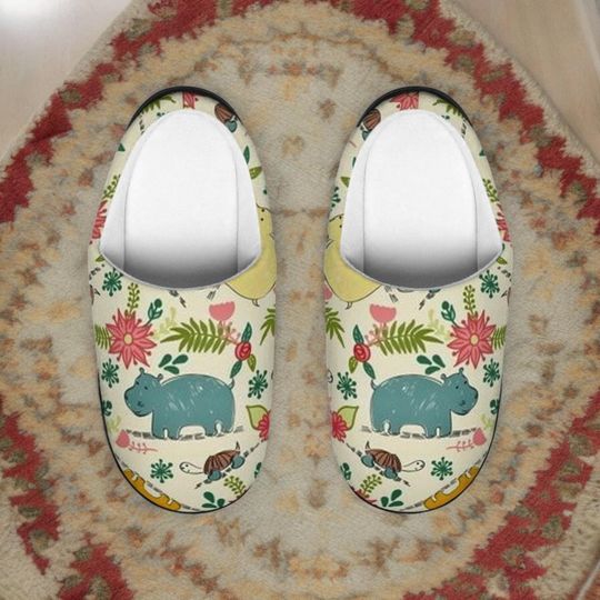 Discover Cutest Hippo & Turtle Women's Custom Indoor Slippers, Animal Cozy Slippers