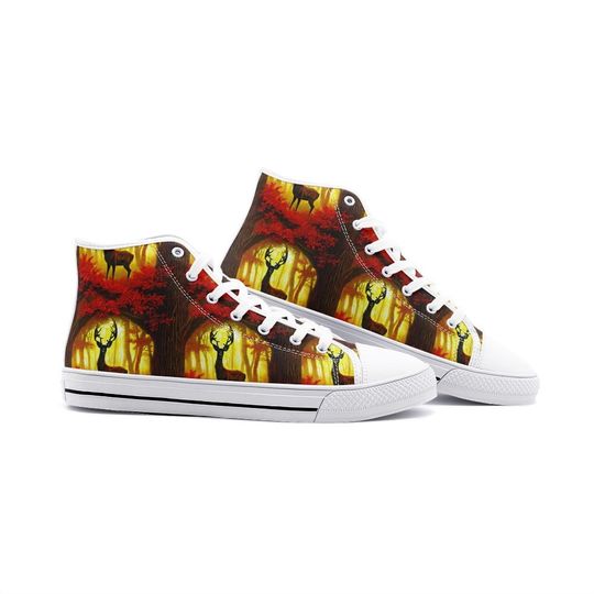 Discover Proud deer in the fairytale forest, unisex high top linen shoes