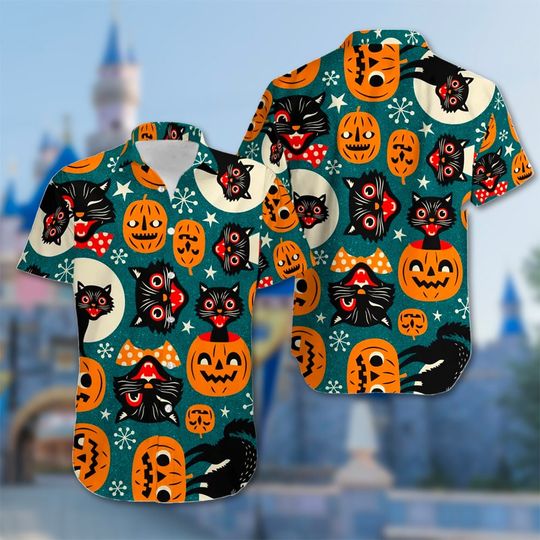Discover Halloween Black Cat Pumpkin Hawaiian Shirt, Halloween Pumpkin Night Hawaii Shirt