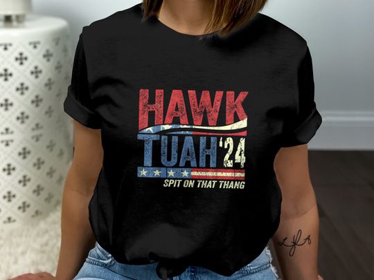 Discover HAWK TUAH 2024 Presidential Election T-Shirt, Vintage Style American Flag