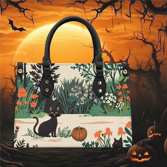 Discover Halloween Floral Wildflower Cottage Core Art Pumpkin Black Cat Leather Bags