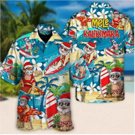 Discover Santa Claus Surfing On The Beach Mele Kalikimaka Christmas 3D HAWAII SHIRT Xmas