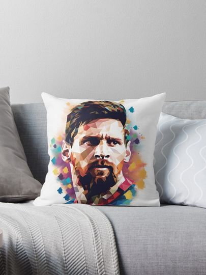 Discover Lionel Messi Handsome Portrait Abstract Drawing Art White background Pillow