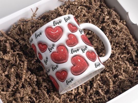 Discover 3D Red Glitter Love Hearts Inflated Mug 11oz & 15oz, Puffy Valentine's Day Hearts Mug