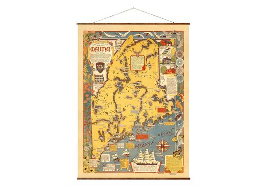 Discover Maine 1938 Vintage Ready to Hang Roll Down Canvas Scroll