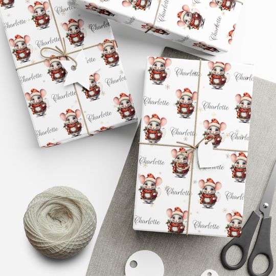 Discover Personalized Christmas Wrapping Paper, Name on Gift Wrap, Christmas Mouse & Gold Snowflakes