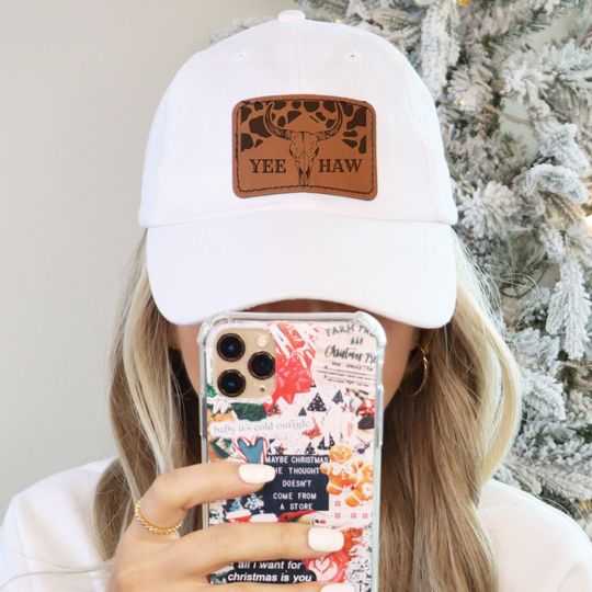 Discover Yee Haw, Dad Hat, with Leather Patch, Cowboy, Cowgirl, Southern, Country, Cow Print, Cow Skull