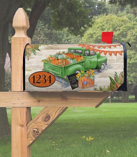 Discover Harvest Greeting Farm Truck Magnetic Mailbox Cover, Magnetic Material, Fall, Farm and Folk