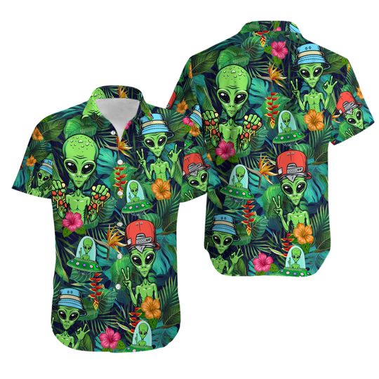 Discover Tropical Alien Hawaiian Shirt, Tropical Summer Beach Aloha Button