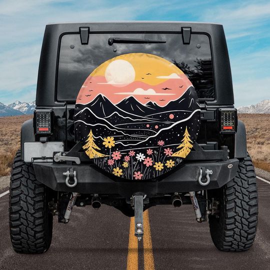 Discover Minimalistic Mountain Side With Colorful Flowers Spare Tire Cover