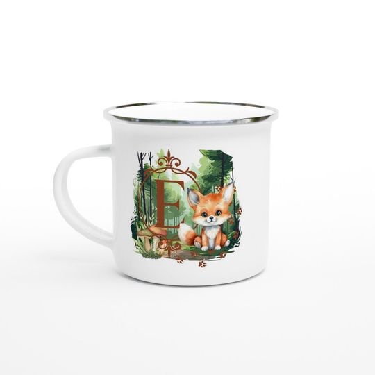 Discover White 12oz Enamel Mug, Little Fox, Letter Mug E, Kindergarten Mug