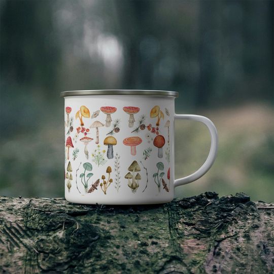 Discover Botanical Cottagecore Mushroom Camping Mug | Cute Moth Toadstool Witchy Enamel Mugs