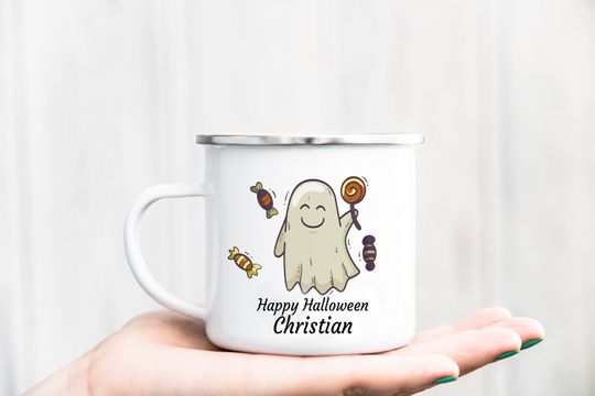 Discover Personalised Halloween Enamel tin metal kids mug with Ghost Design