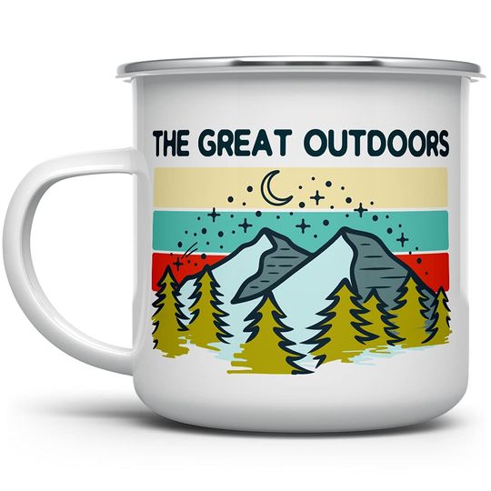 Discover The Great Outdoors Enamel Campfire Coffee Mug, Mountain Hiking Adventure Camp Cup