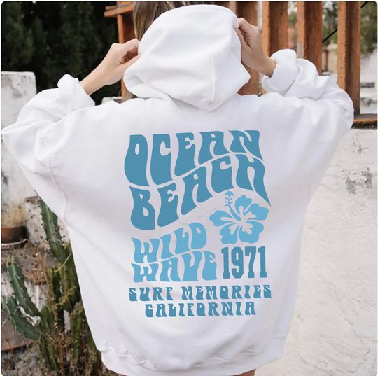 Discover Ocean Beach Hoodie With words On Back Beach Embossed Hoodie