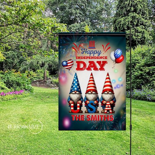 Discover Personalized July 4th Pet Flag, Custom Happy Independence Day Gnomes Flag,Garden Yard, House Flag