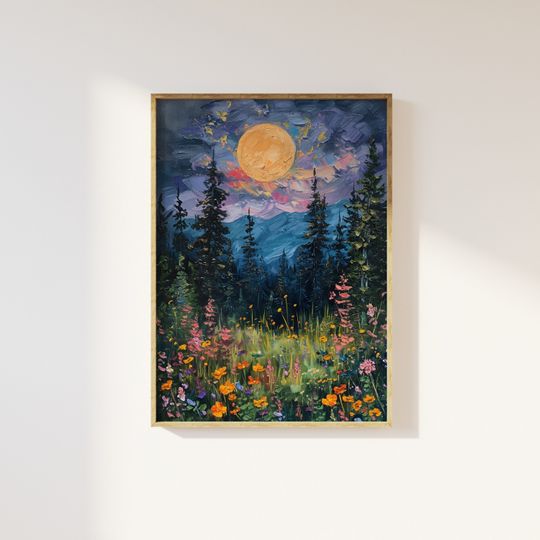 Discover Moon above the wildflowers and woodland art print | full moon above nature poster