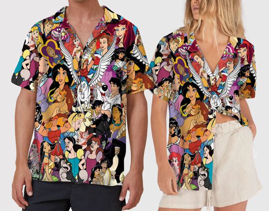 Discover Vintage All Characters Hawaiian Shirt, Hawaii Beach Trip Shirt, Cartoon Character Hawaiian Vacation Gift
