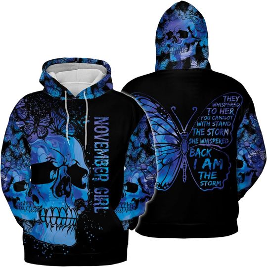 Discover Skull Butterfly Girl She Whispered Black I Am The Storm Hoodie 3D Print