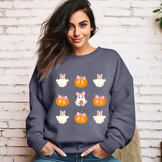 Discover Cute Ghosts and Pumpkins Halloween Sweatshirt, Coquette Bow Halloween Sweatshirt