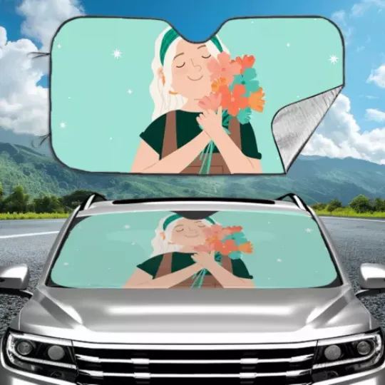 Discover Smiling Girl Holds Flowers Car Auto Sun Shade