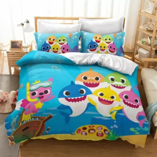 Discover Baby Shark Cartoon Cute Light Blue Quilt Duvet Cover Set Children Bedroom Decor