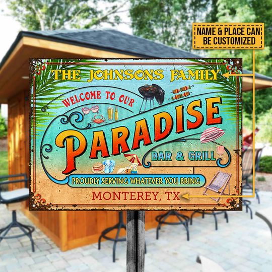 Discover Personalized Beach Paradise Bar Grill Custom Classic Metal Signs