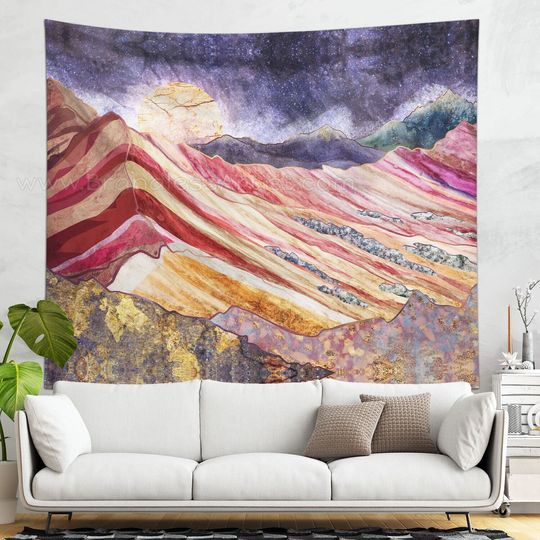 Discover Mountain Tapestry | Boho Landscape Wall Hanging Tapestry | Bohemian Decor | Rainbow Mountain Wall Hanging