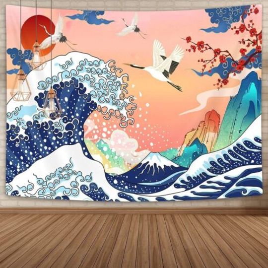 Discover Pink Blue Sea Wave Crane Tapestry Wall Hanging Large Asian Art Fabric Room Decor