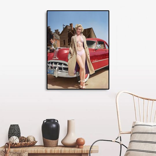 Discover Marilyn Monroe beside red car Premium Matte Vertical Poster