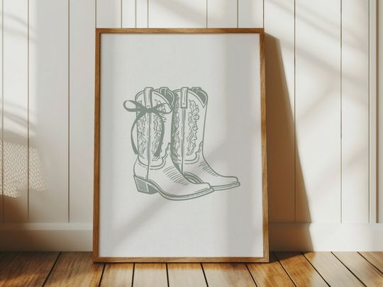 Discover Sage Coquette Bow Cowgirl Boots Print, Girly Western Print, Cowgirl Nursery