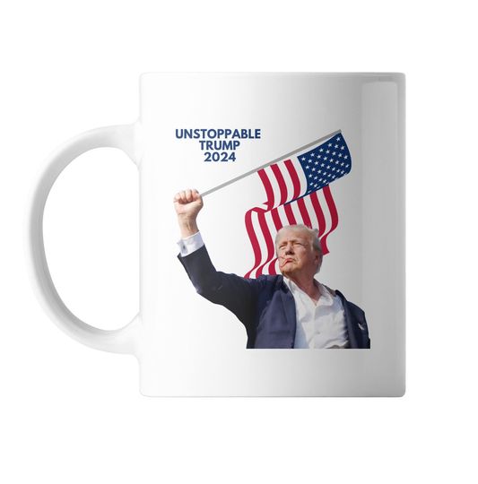 Discover Unstoppable Trump 2024 Mug, Donald Trump Shot at Rally Fist in the Air Mug