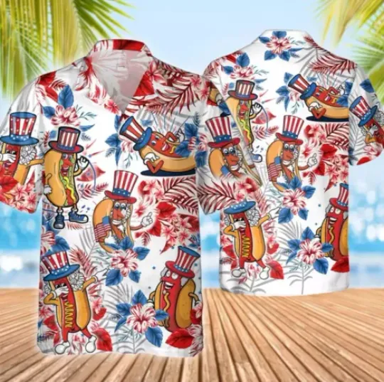 Discover Funny Hotdog Tropical Hawaiian Shirt, America Flag 4th of July Hawaiian Shirt
