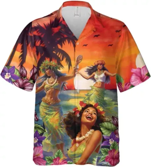 Discover Hula Girls Hawaiian Shirt, Dancing Girls Casual Button Down