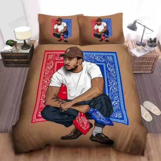 Discover Kendrick Lamar In Bandana Background Illustration Quilt Duvet Cover Set