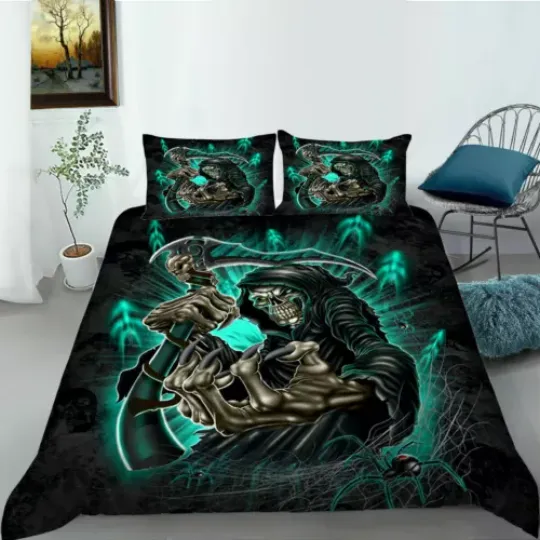 Discover 3D Skeleton Skull Grim Reaper Duvet Quilt Cover Pillowcase Bedding Set
